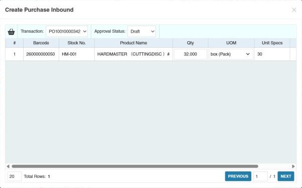 Create Purchase Inbound window