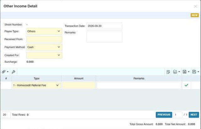 Other Income Detail window