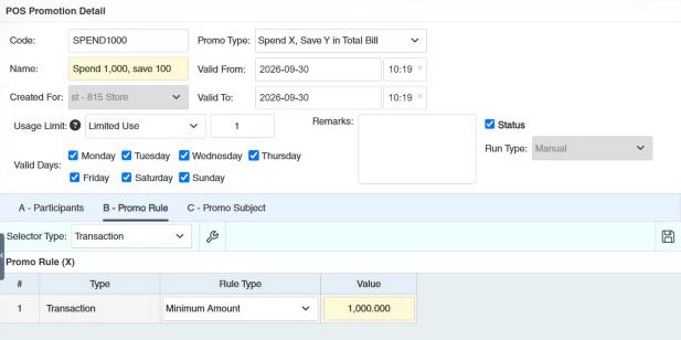 A spend 1,000 rule on the Promo Rule tab
